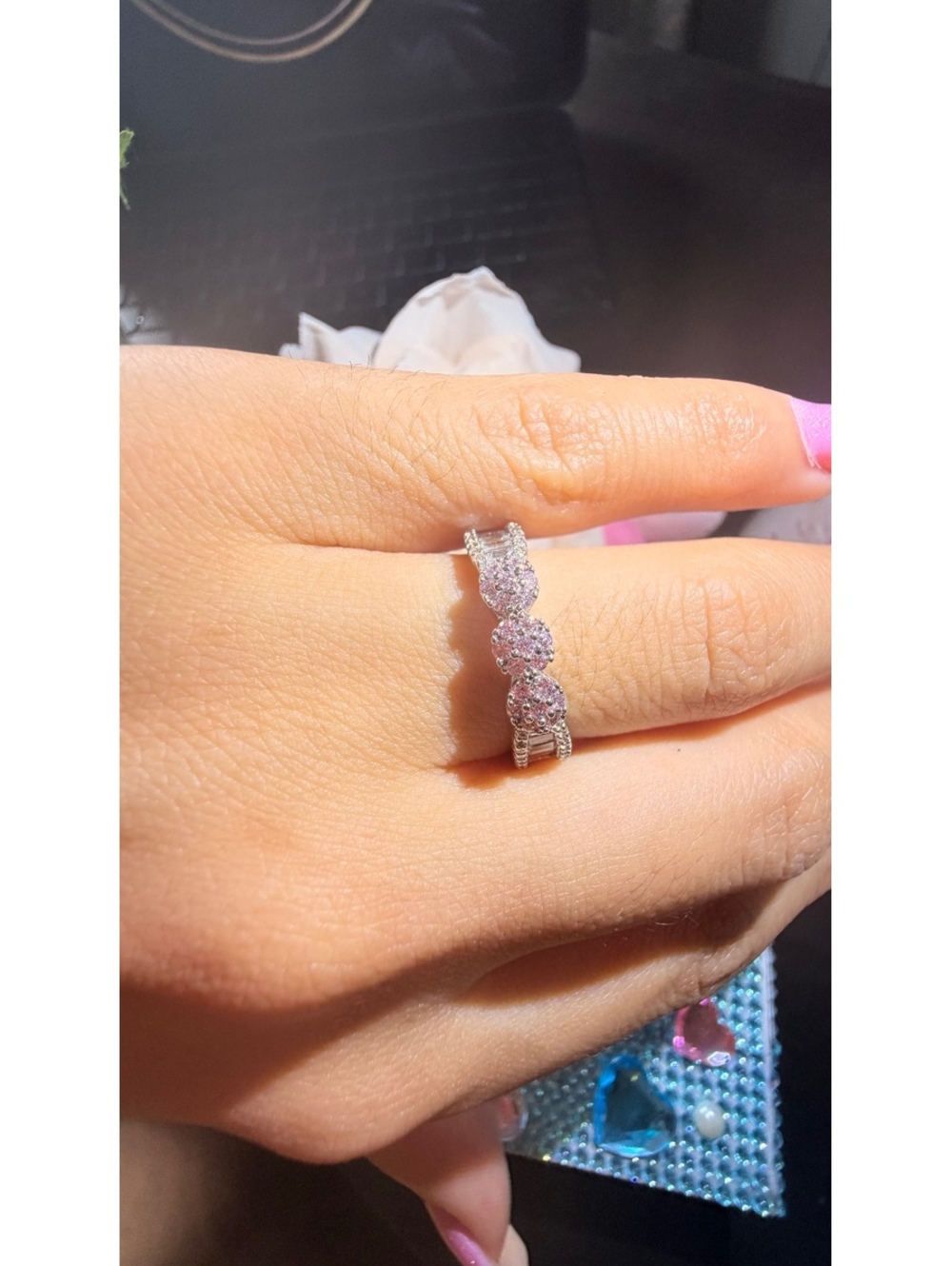 Silver 925 solid Band Ring with Multiple Sparkling Round-Cut Stones size7-8
